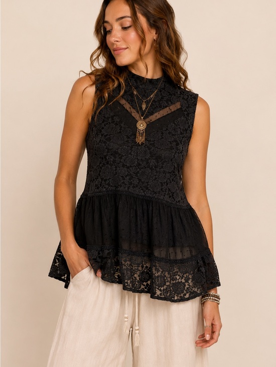 Umgee Tops - UMGEE Floral Lace Swiss Dot Mesh Peplum Tank  Boho Chic